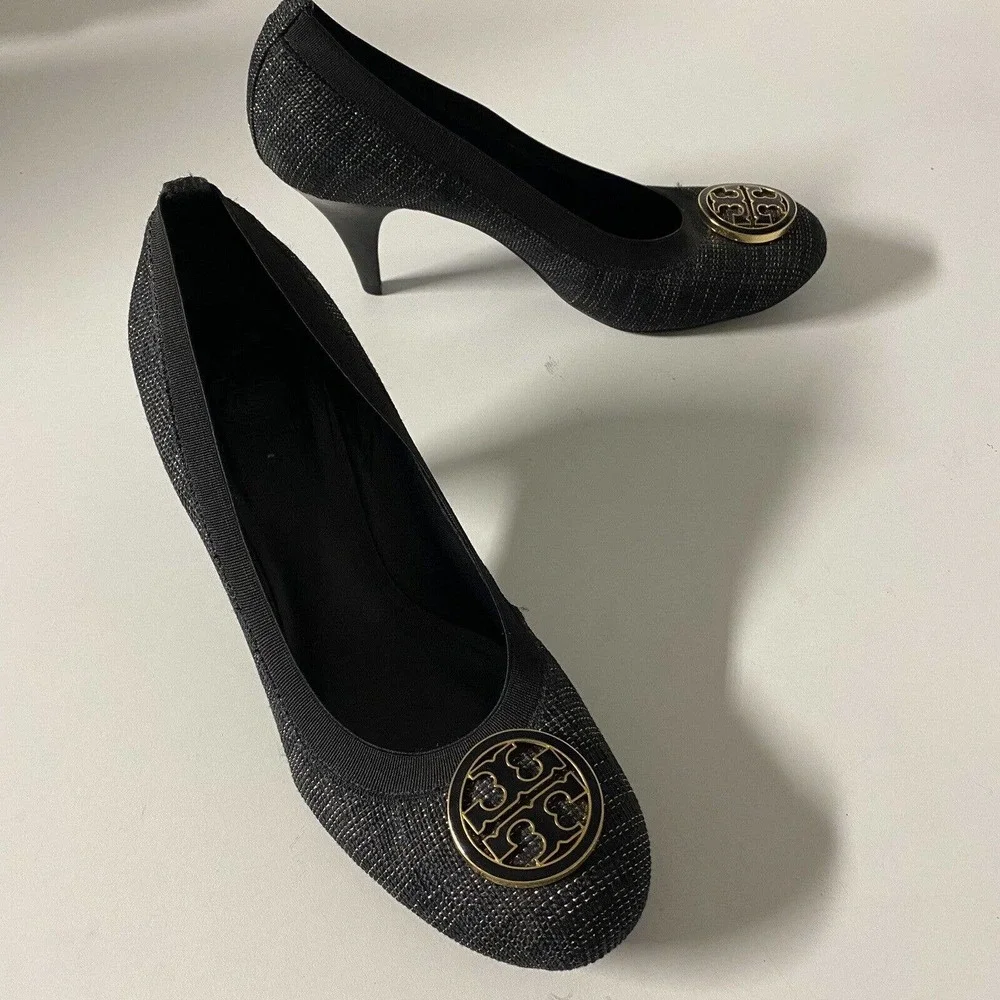 Tory Burch Pump Caroline Tweed Black Gold Round Toe Logo 9 M 3